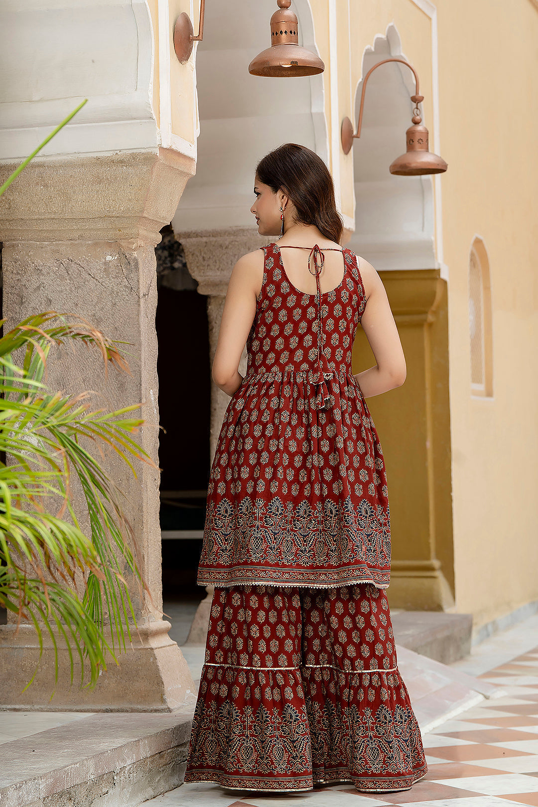 Maroon Printed Kurti And Sharara Set With Dupatta | LASVINI - Redefining Indian Fashion with Elegance