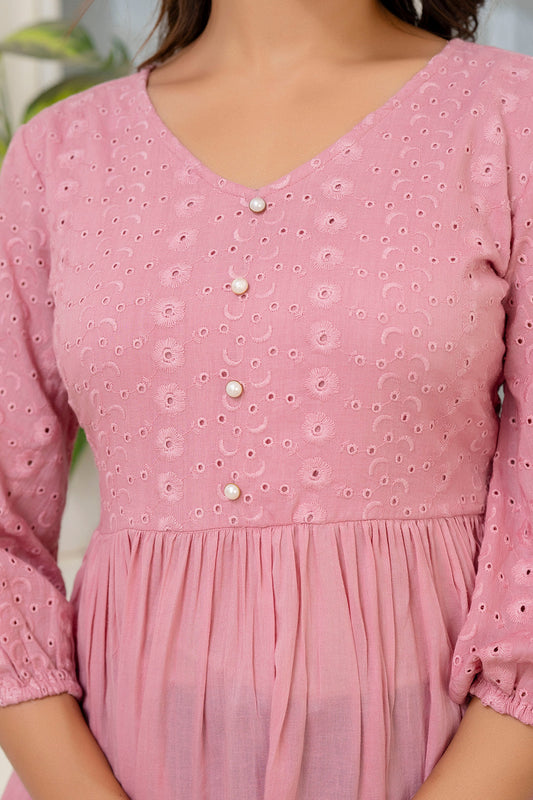 Pink Schiffli V-Neck Peplum Short Kurti | LASVINI - Redefining Indian Fashion with Elegance