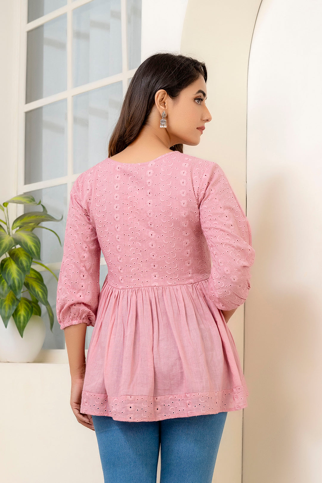 Pink Schiffli V-Neck Peplum Short Kurti | LASVINI - Redefining Indian Fashion with Elegance