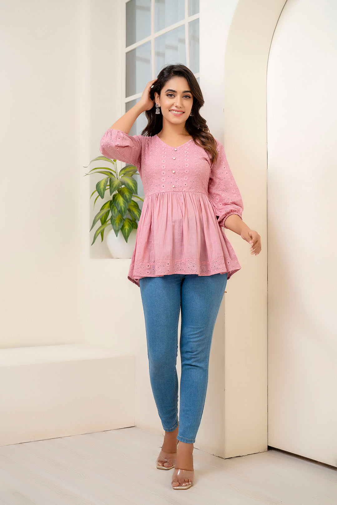 Pink Schiffli V-Neck Peplum Short Kurti | LASVINI - Redefining Indian Fashion with Elegance