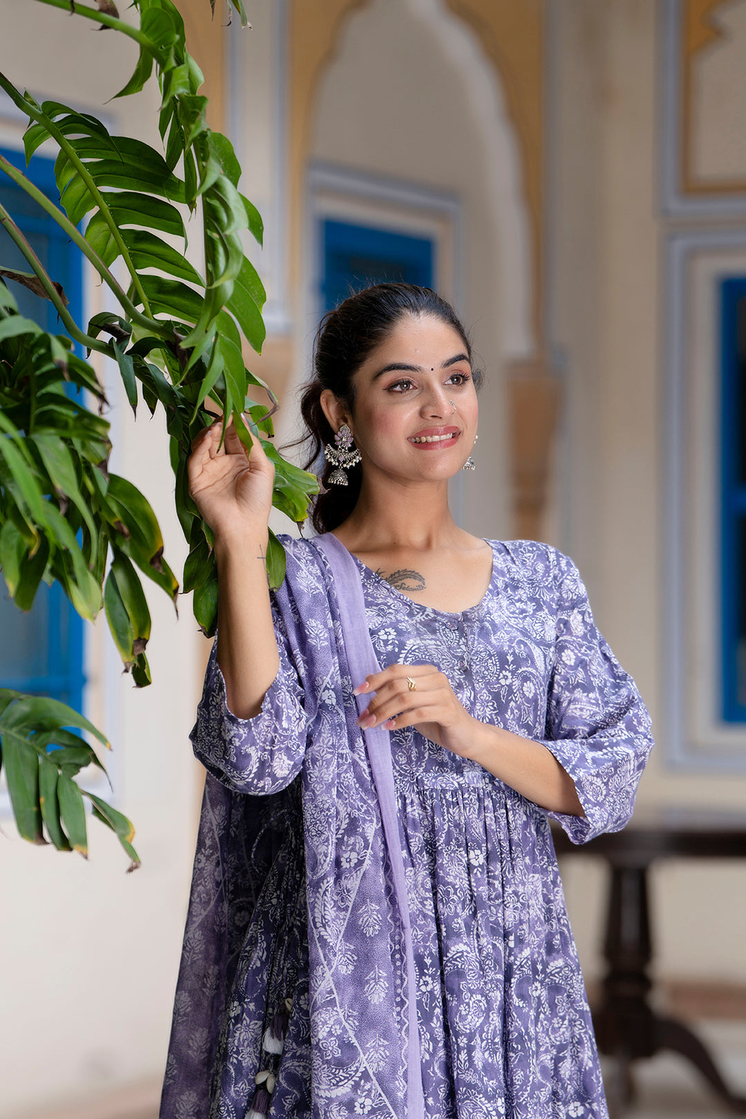 Purple Printed Anarkali Kurta Set With Dupatta For Women | LASVINI - Redefining Indian Fashion with Elegance