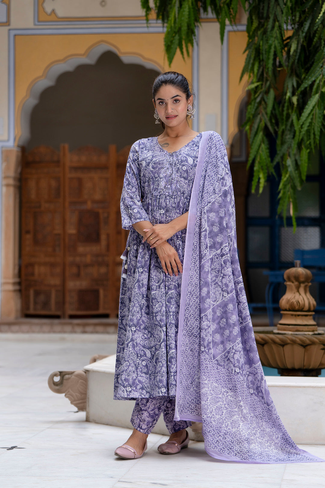 Purple Printed Anarkali Kurta Set With Dupatta For Women | LASVINI - Redefining Indian Fashion with Elegance