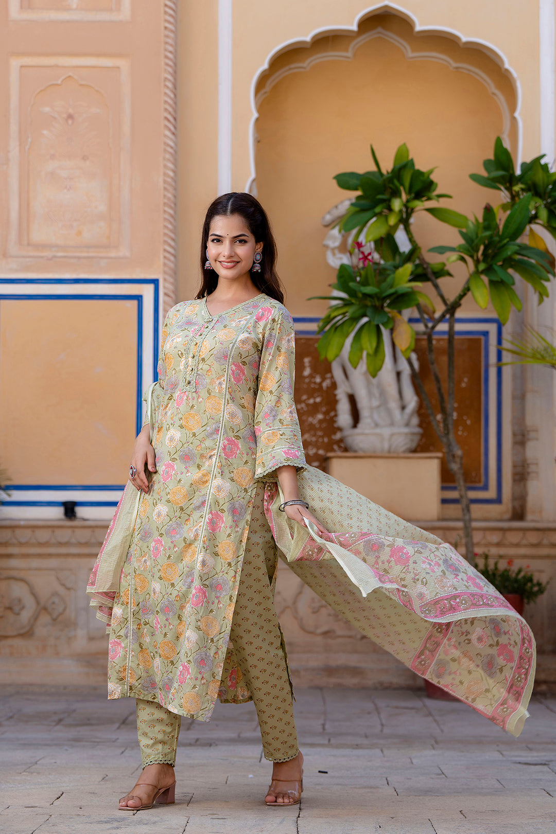 Women Green Printed Straight Kurta And Trouser With Dupatta | LASVINI - Redefining Indian Fashion with Elegance