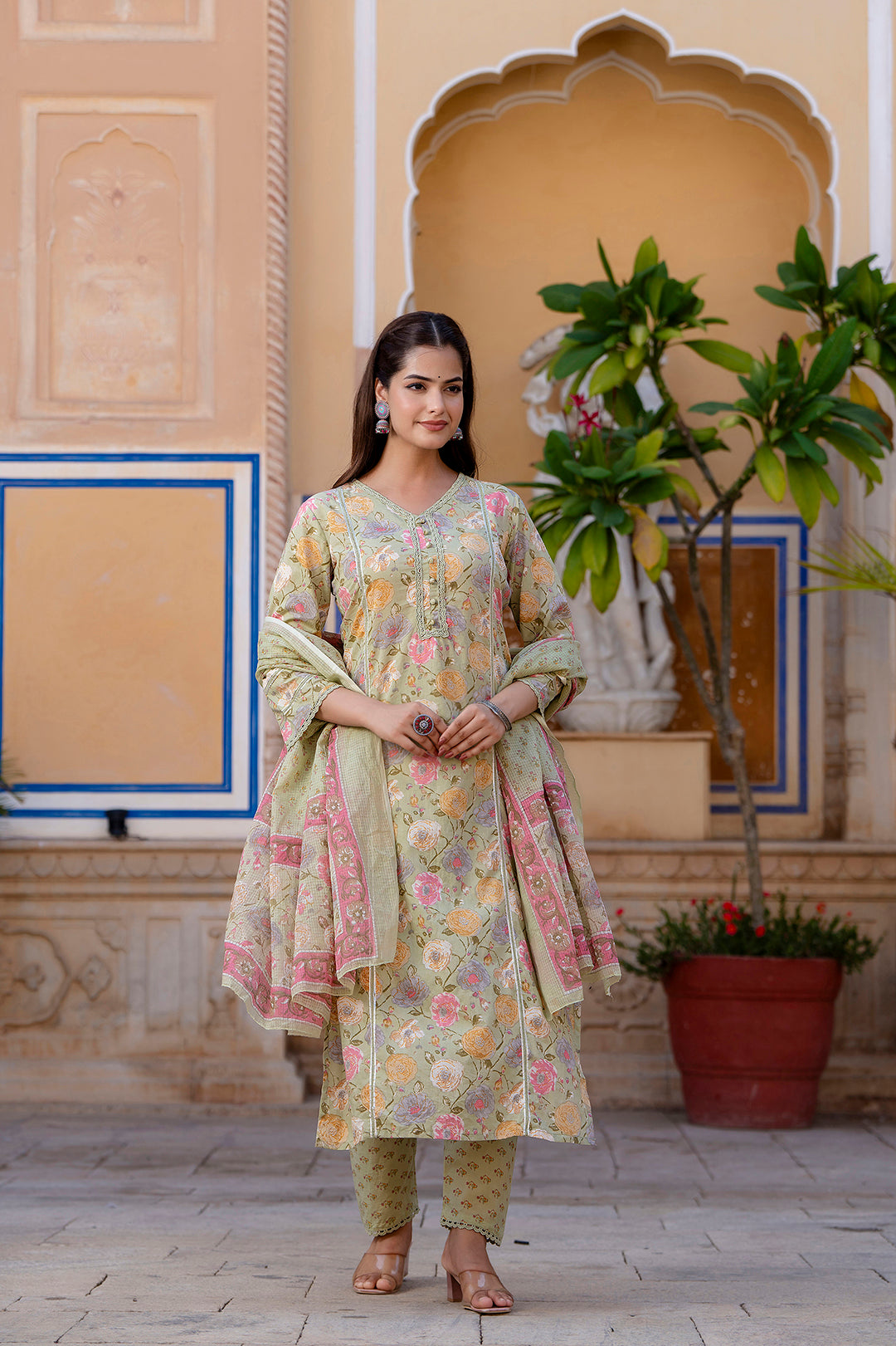 Women Green Printed Straight Kurta And Trouser With Dupatta | LASVINI - Redefining Indian Fashion with Elegance