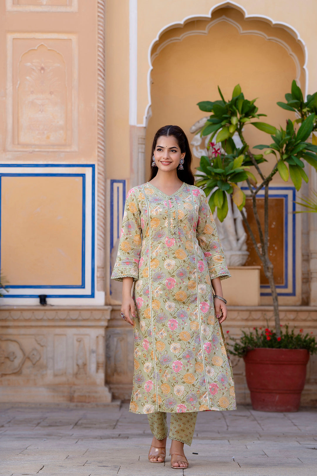 Women Green Printed Straight Kurta And Trouser With Dupatta | LASVINI - Redefining Indian Fashion with Elegance