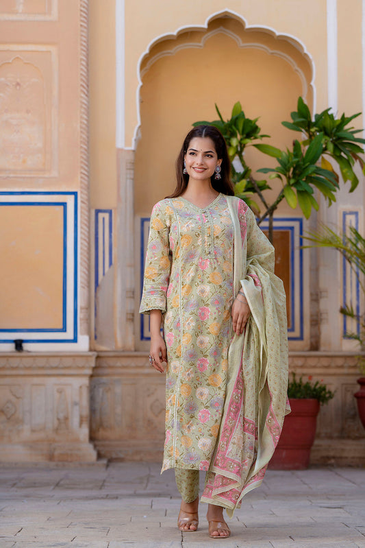 Women Green Printed Straight Kurta And Trouser With Dupatta | LASVINI - Redefining Indian Fashion with Elegance