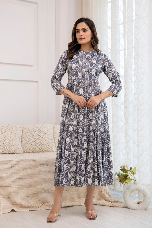 Women Grey Ethnic Printed Flared Dress | LASVINI - Redefining Indian Fashion with Elegance