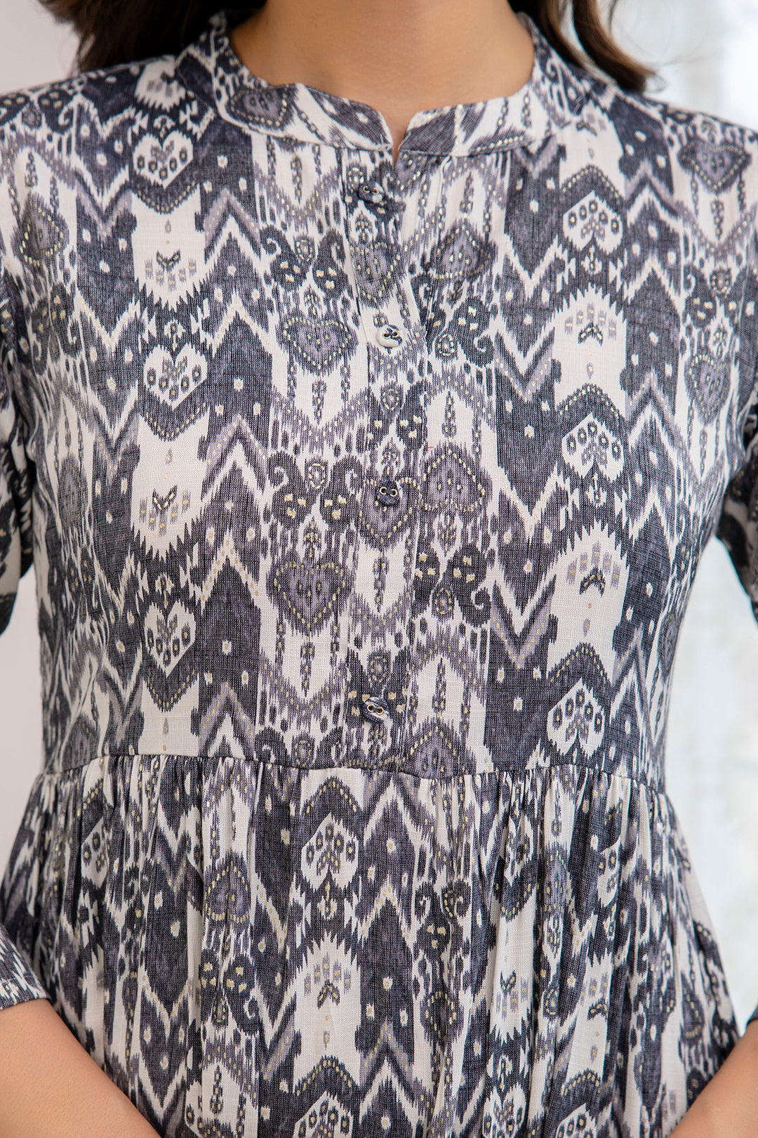 Women Grey Ethnic Printed Flared Dress | LASVINI - Redefining Indian Fashion with Elegance