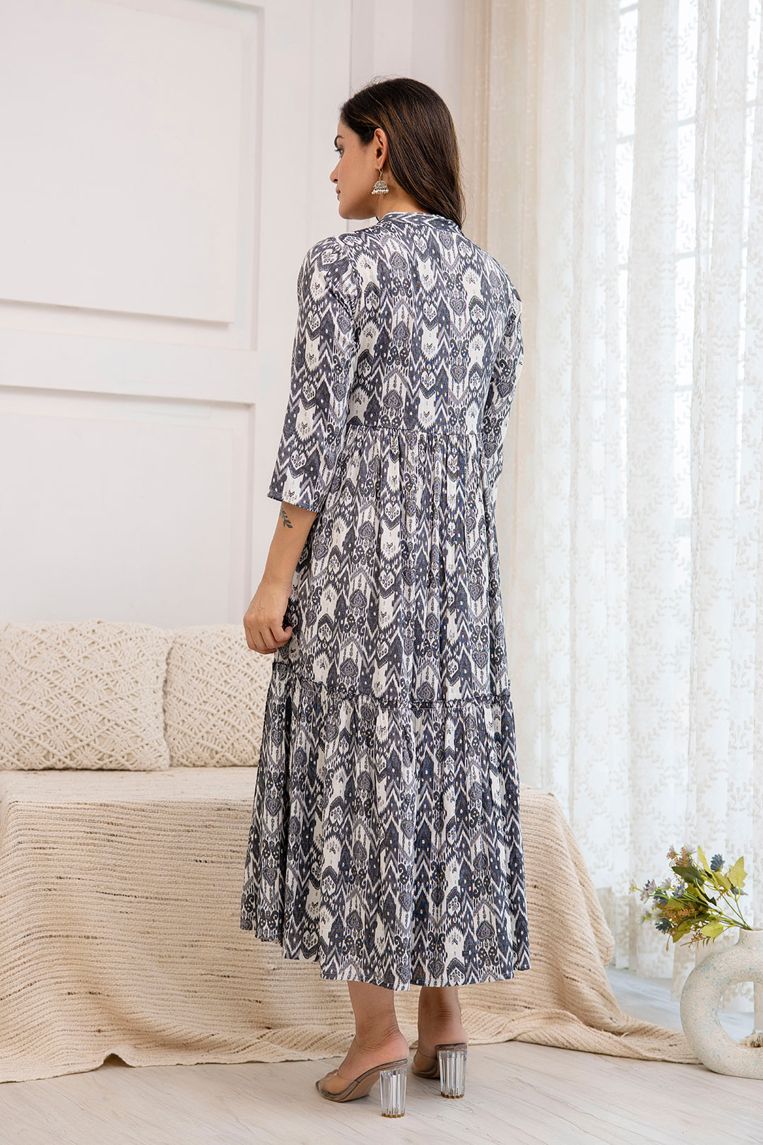Women Grey Ethnic Printed Flared Dress | LASVINI - Redefining Indian Fashion with Elegance