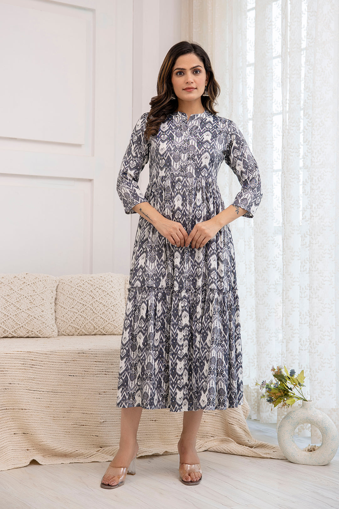 Women Grey Ethnic Printed Flared Dress | LASVINI - Redefining Indian Fashion with Elegance