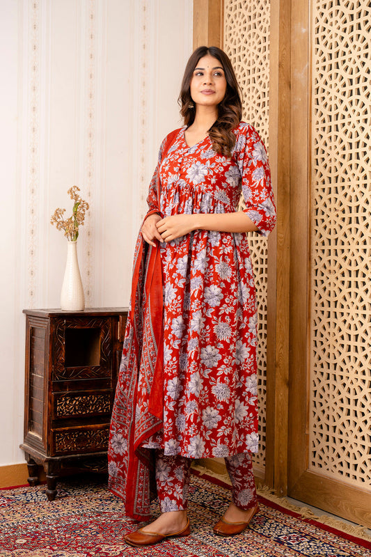 Women Maroon Floral Printed Anarkali Kurta And Trouser With Dupatta | LASVINI - Redefining Indian Fashion with Elegance