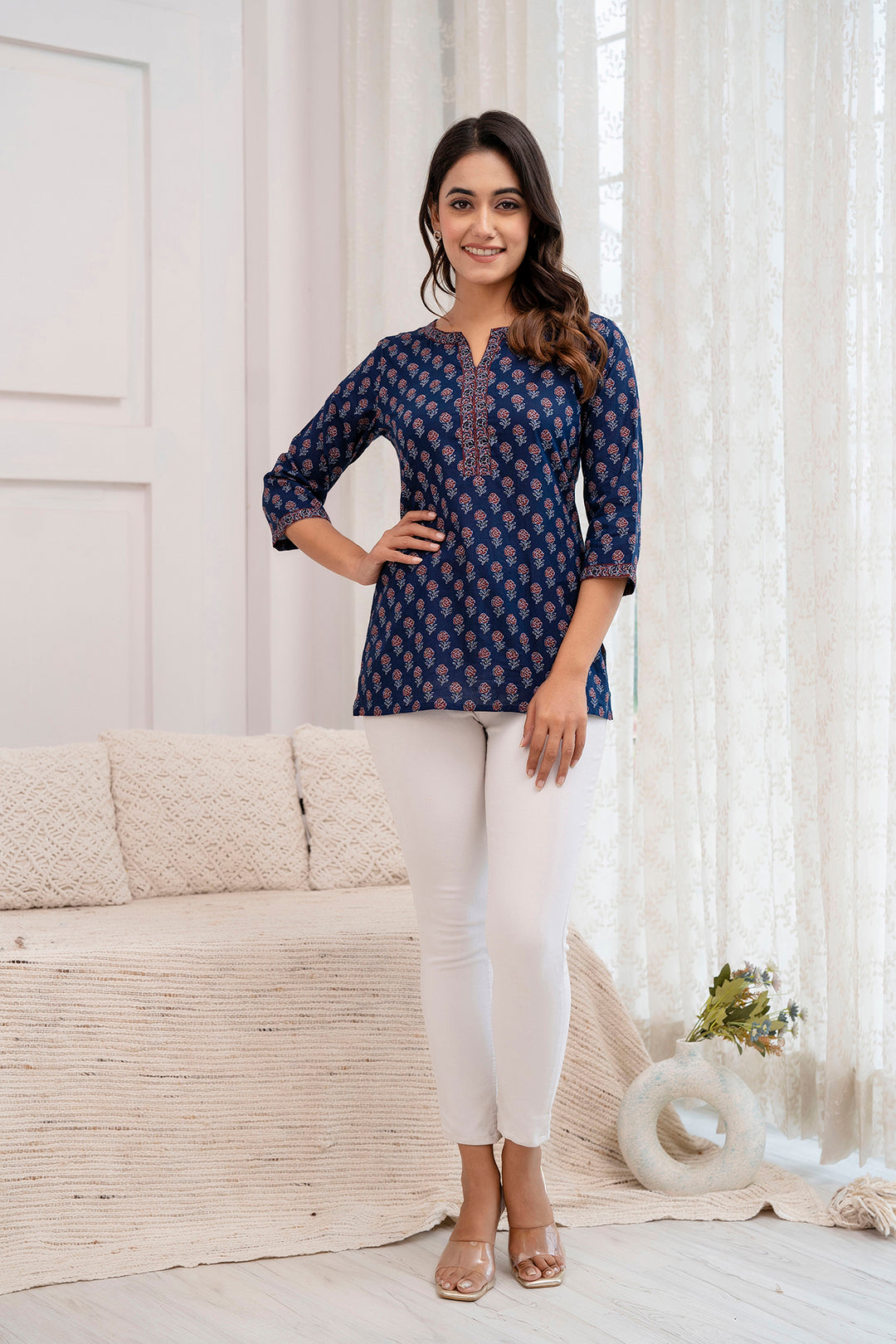 Women Blue Printed Straight Tunic | LASVINI - Redefining Indian Fashion with Elegance