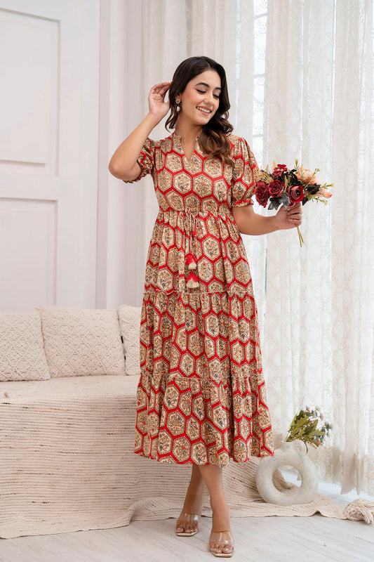 Women Red Printed Flared Dress | LASVINI - Redefining Indian Fashion with Elegance