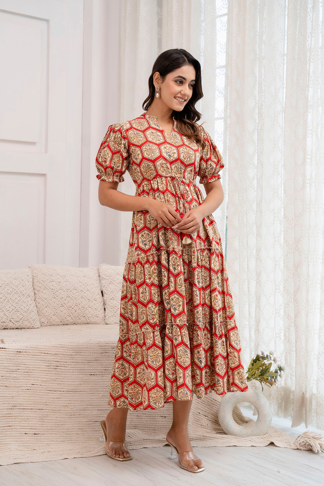 Women Red Printed Flared Dress | LASVINI - Redefining Indian Fashion with Elegance