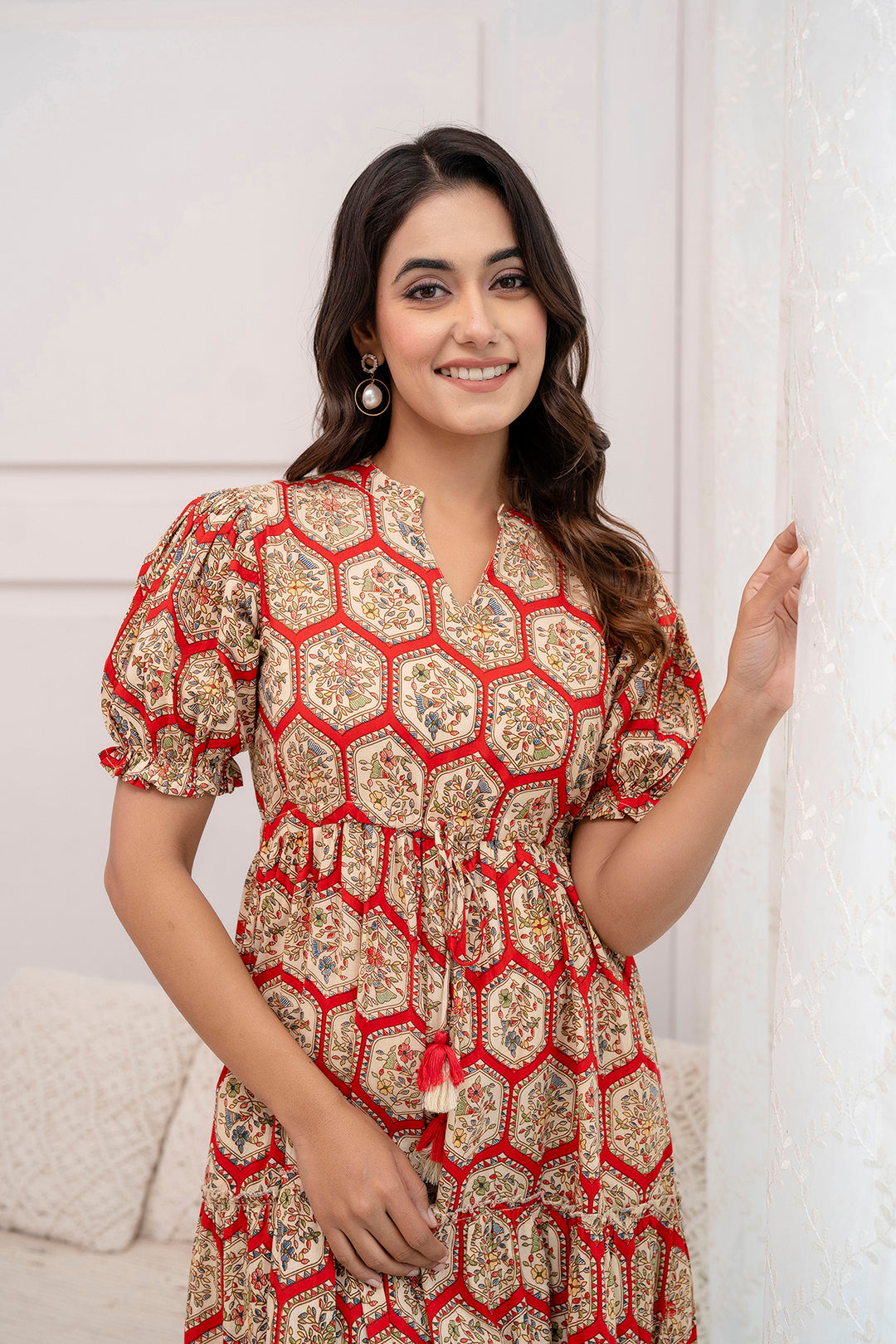 Women Red Printed Flared Dress | LASVINI - Redefining Indian Fashion with Elegance