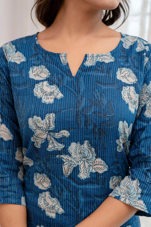 Women Blue Printed Straight Kurta With Three Quarter Sleeves | LASVINI - Redefining Indian Fashion with Elegance