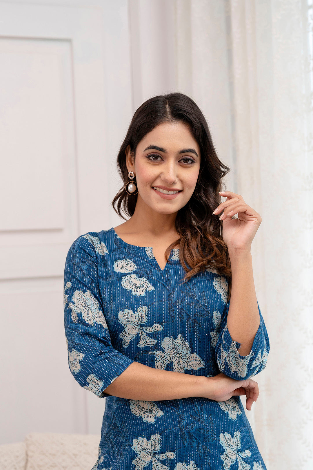 Women Blue Printed Straight Kurta With Three Quarter Sleeves | LASVINI - Redefining Indian Fashion with Elegance