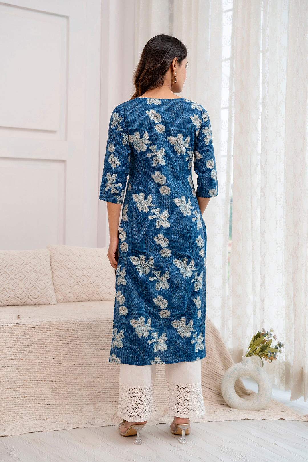 Women Blue Printed Straight Kurta With Three Quarter Sleeves | LASVINI - Redefining Indian Fashion with Elegance