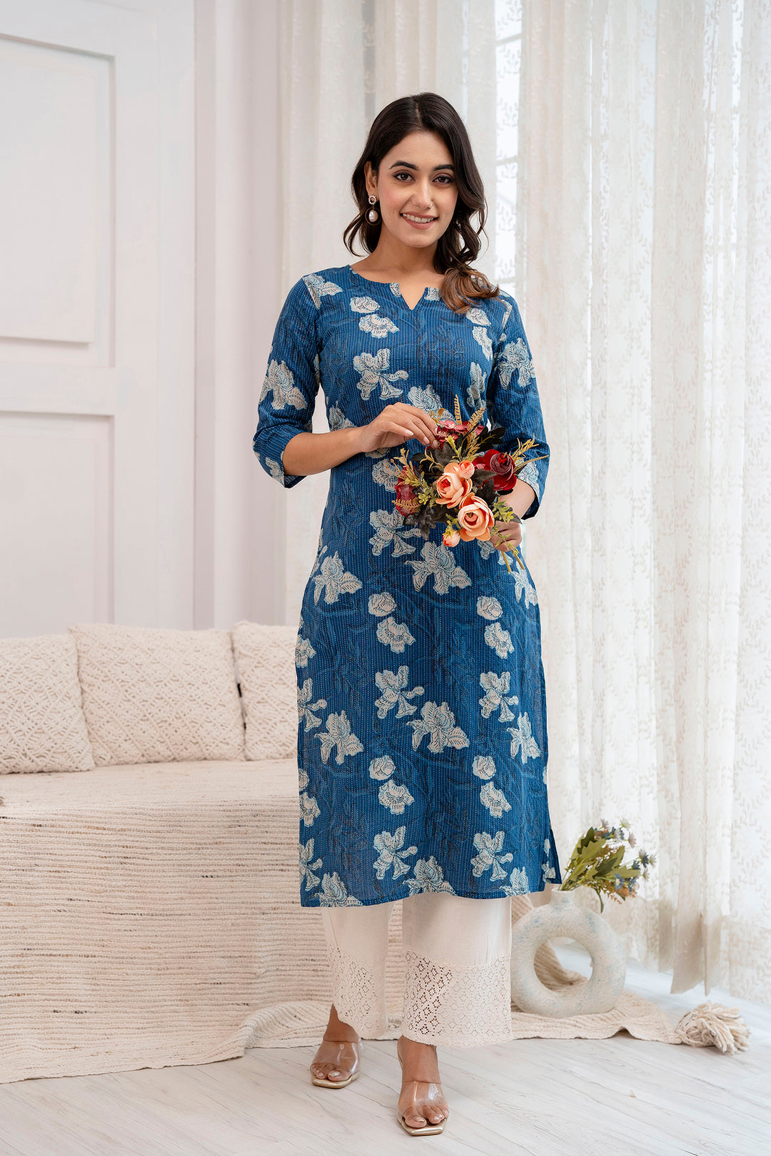 Women Blue Printed Straight Kurta With Three Quarter Sleeves | LASVINI - Redefining Indian Fashion with Elegance