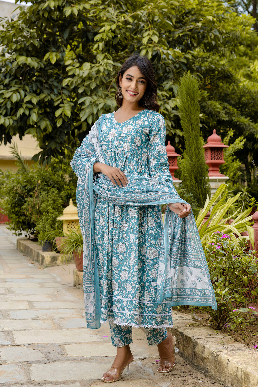 Blue Printed Anarkali Kurta Set With Dupatta For Women | LASVINI - Redefining Indian Fashion with Elegance