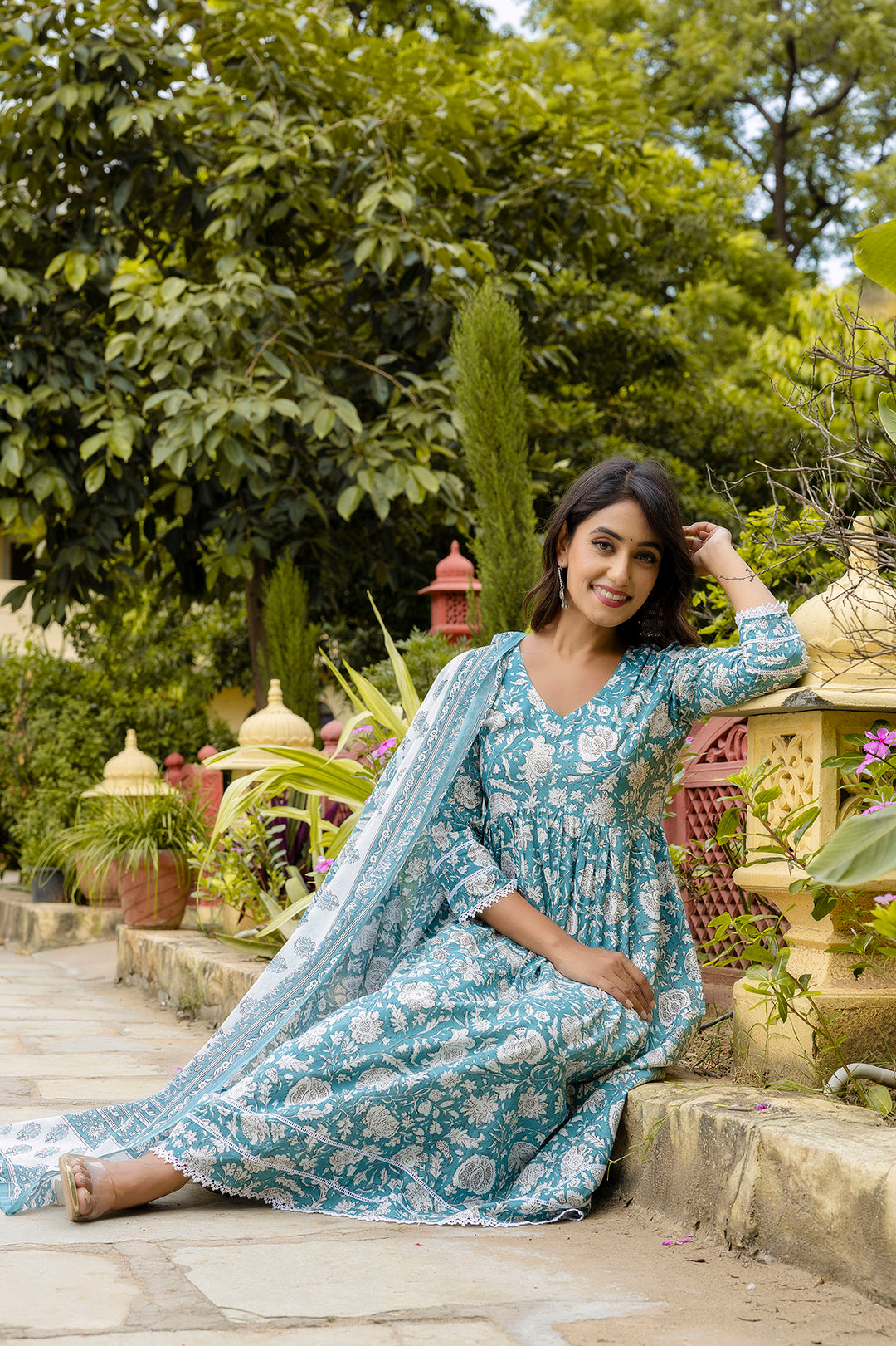 Blue Printed Anarkali Kurta Set With Dupatta For Women | LASVINI - Redefining Indian Fashion with Elegance