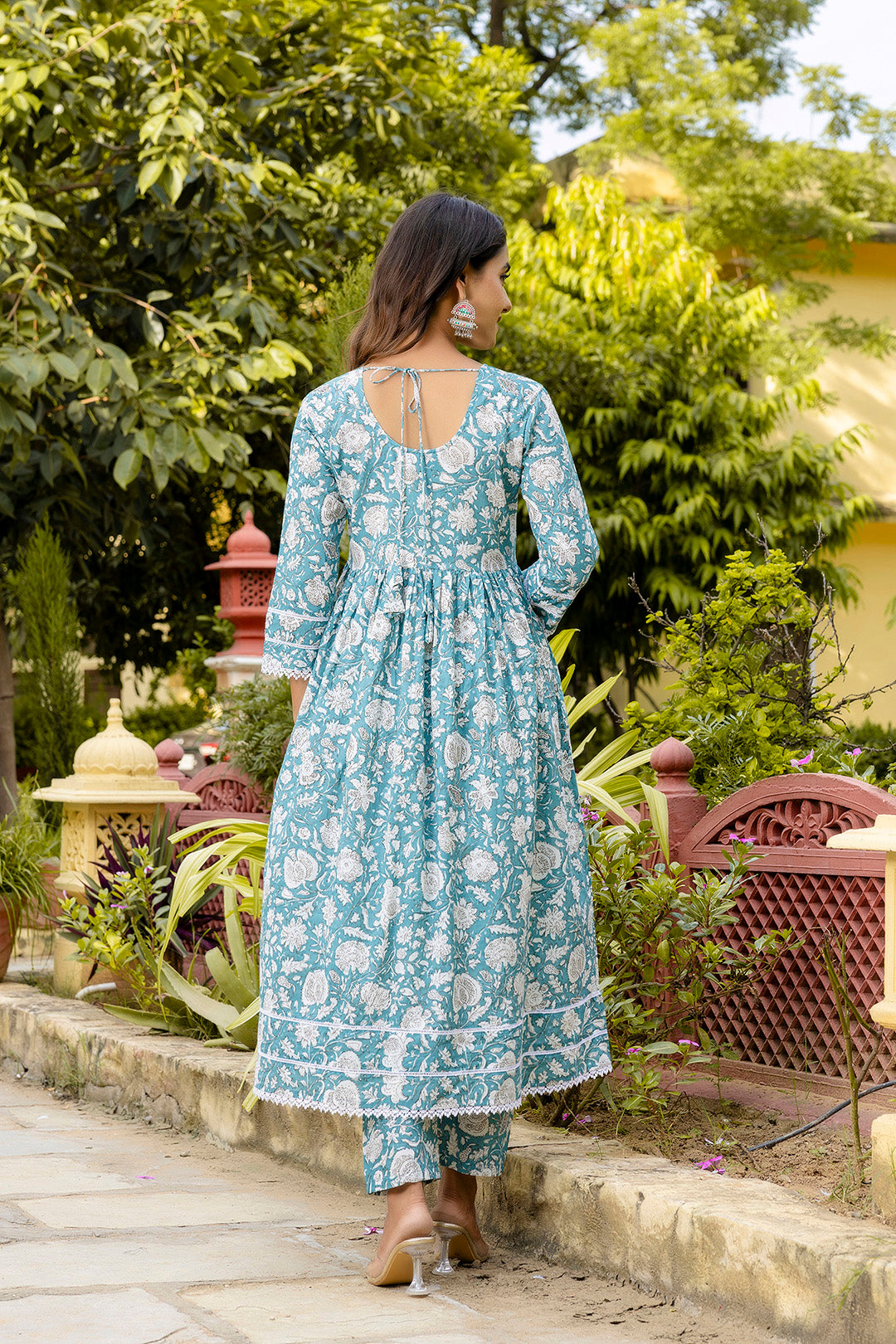 Blue Printed Anarkali Kurta Set With Dupatta For Women | LASVINI - Redefining Indian Fashion with Elegance