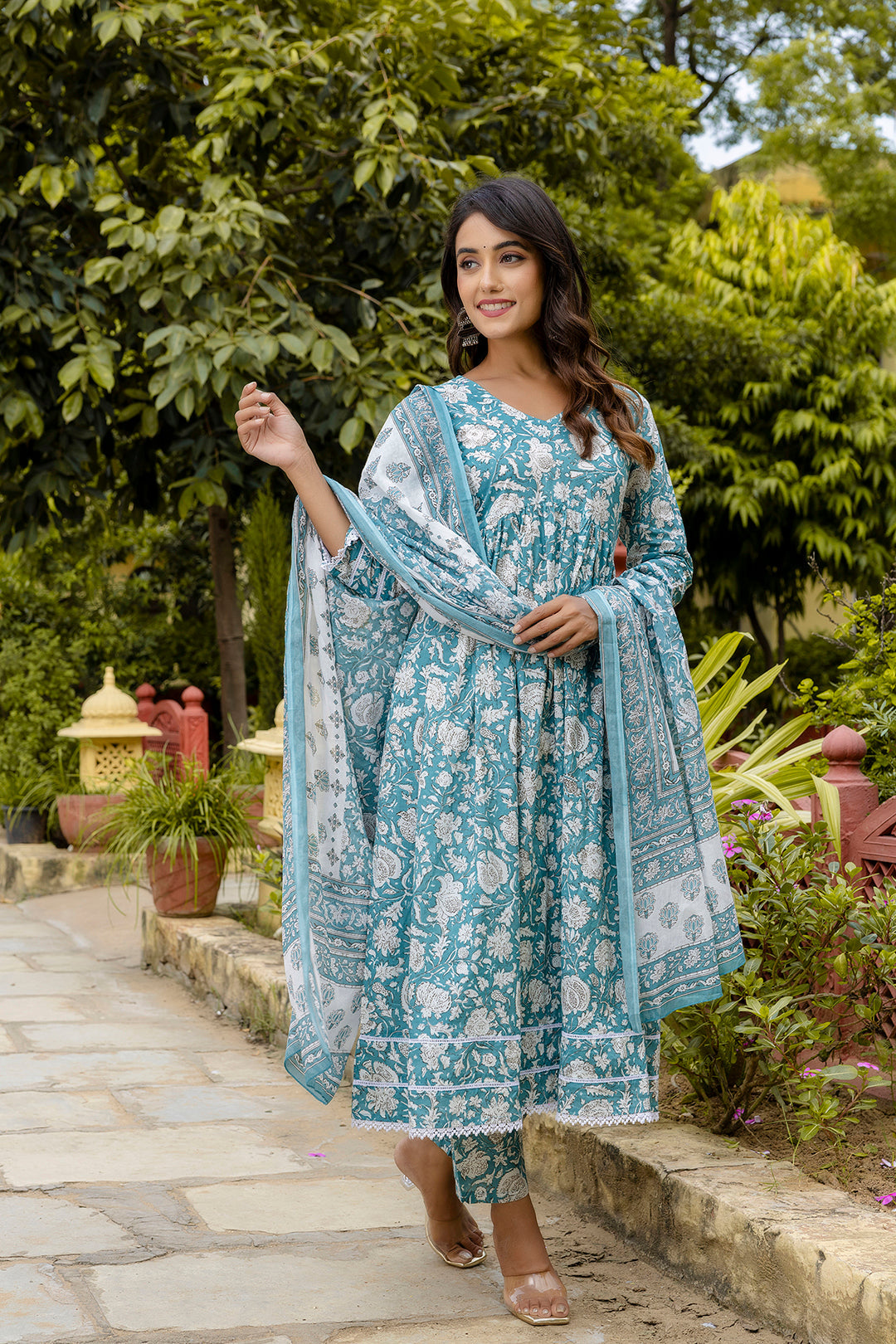 Blue Printed Anarkali Kurta Set With Dupatta For Women | LASVINI - Redefining Indian Fashion with Elegance