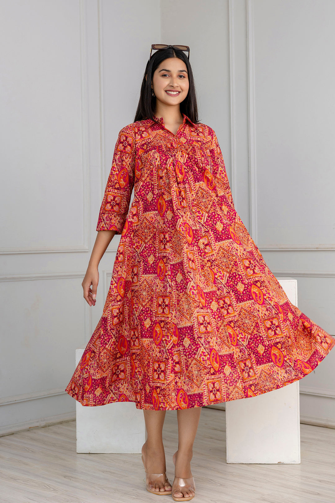 Women Multicolor Printed Flared Dress | LASVINI - Redefining Indian Fashion with Elegance