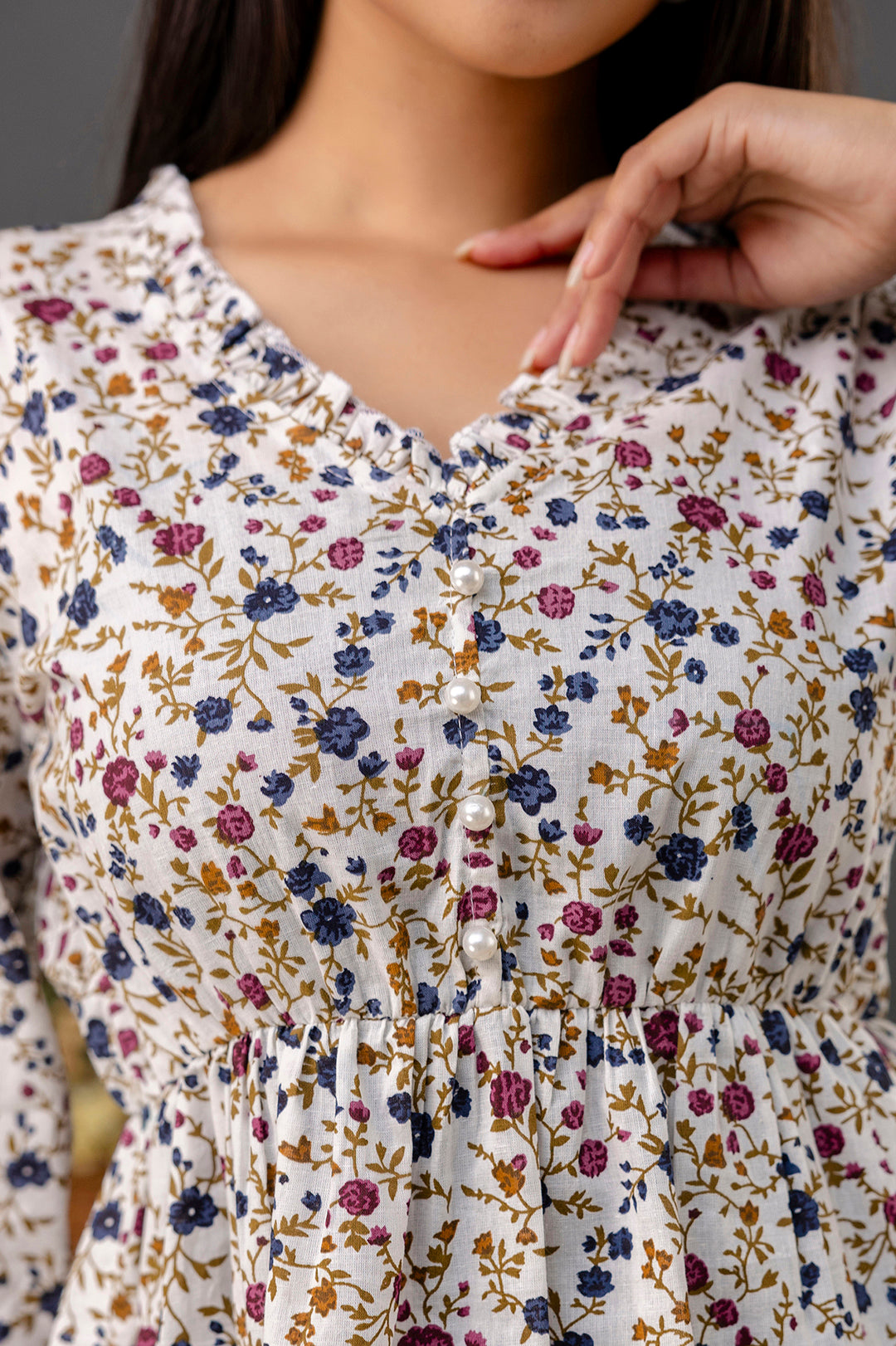 Women Off White Printed V-Neck Peplum Tunic | LASVINI - Redefining Indian Fashion with Elegance