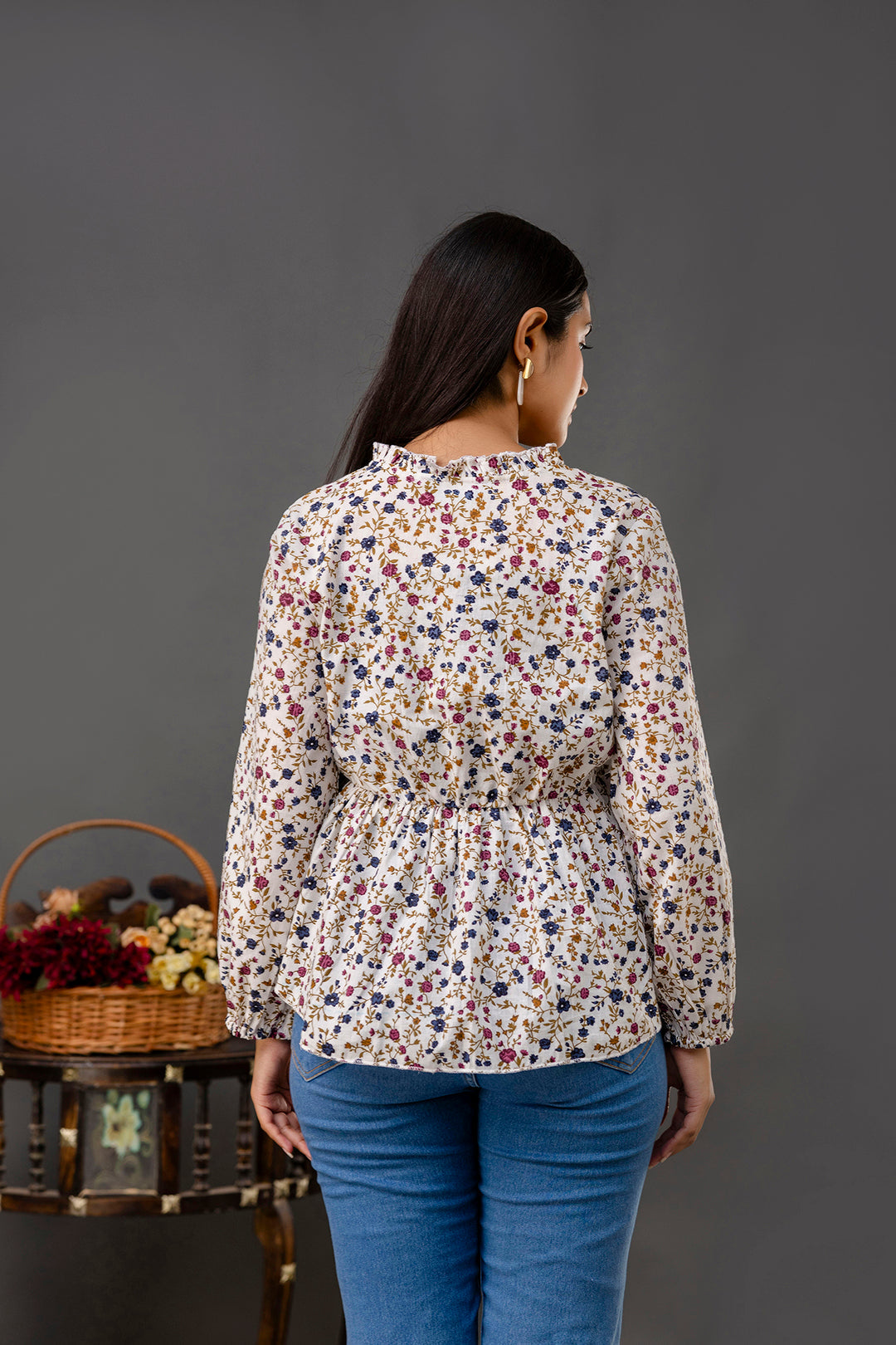 Women Off White Printed V-Neck Peplum Tunic | LASVINI - Redefining Indian Fashion with Elegance