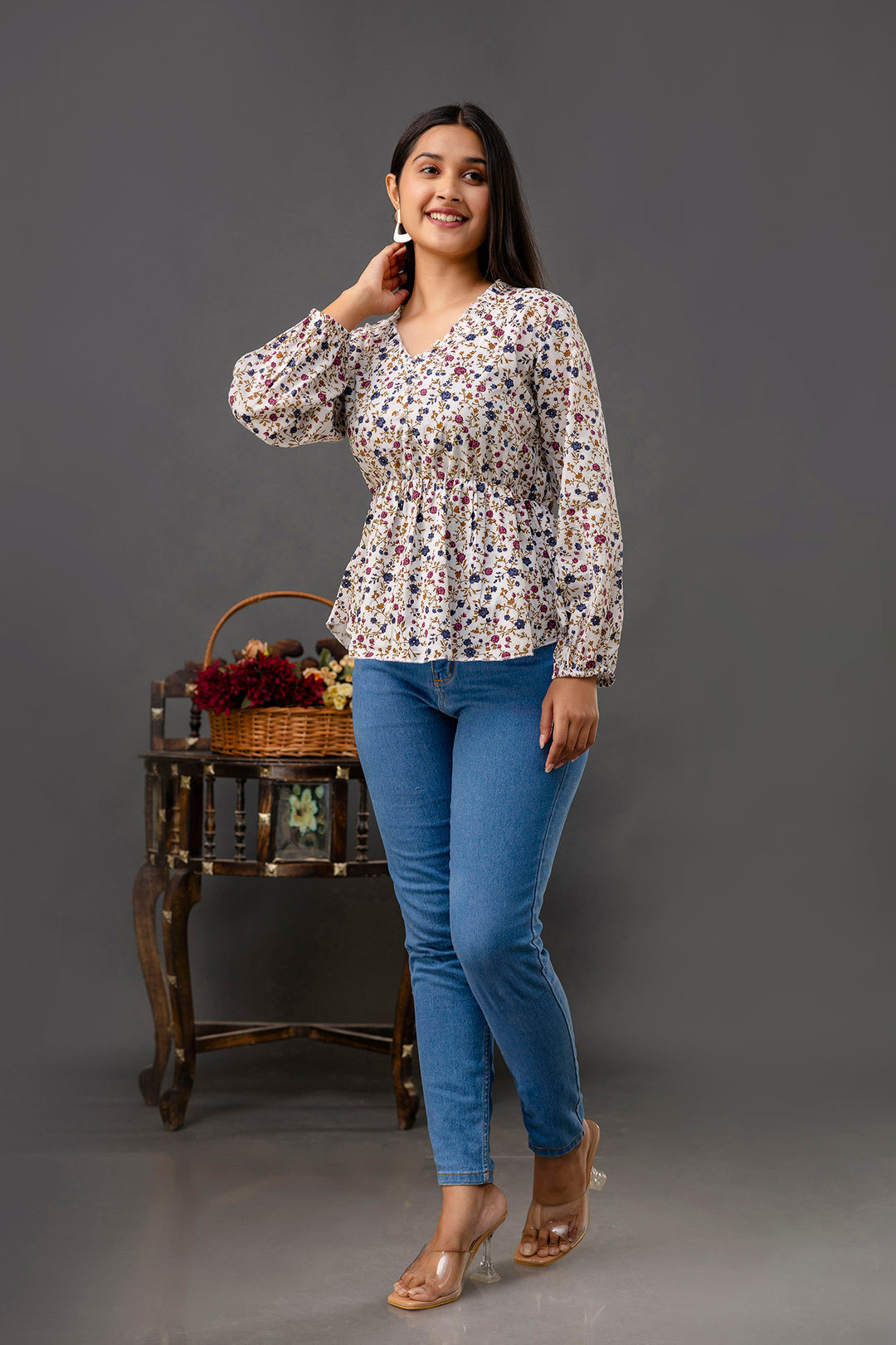 Women Off White Printed V-Neck Peplum Tunic | LASVINI - Redefining Indian Fashion with Elegance