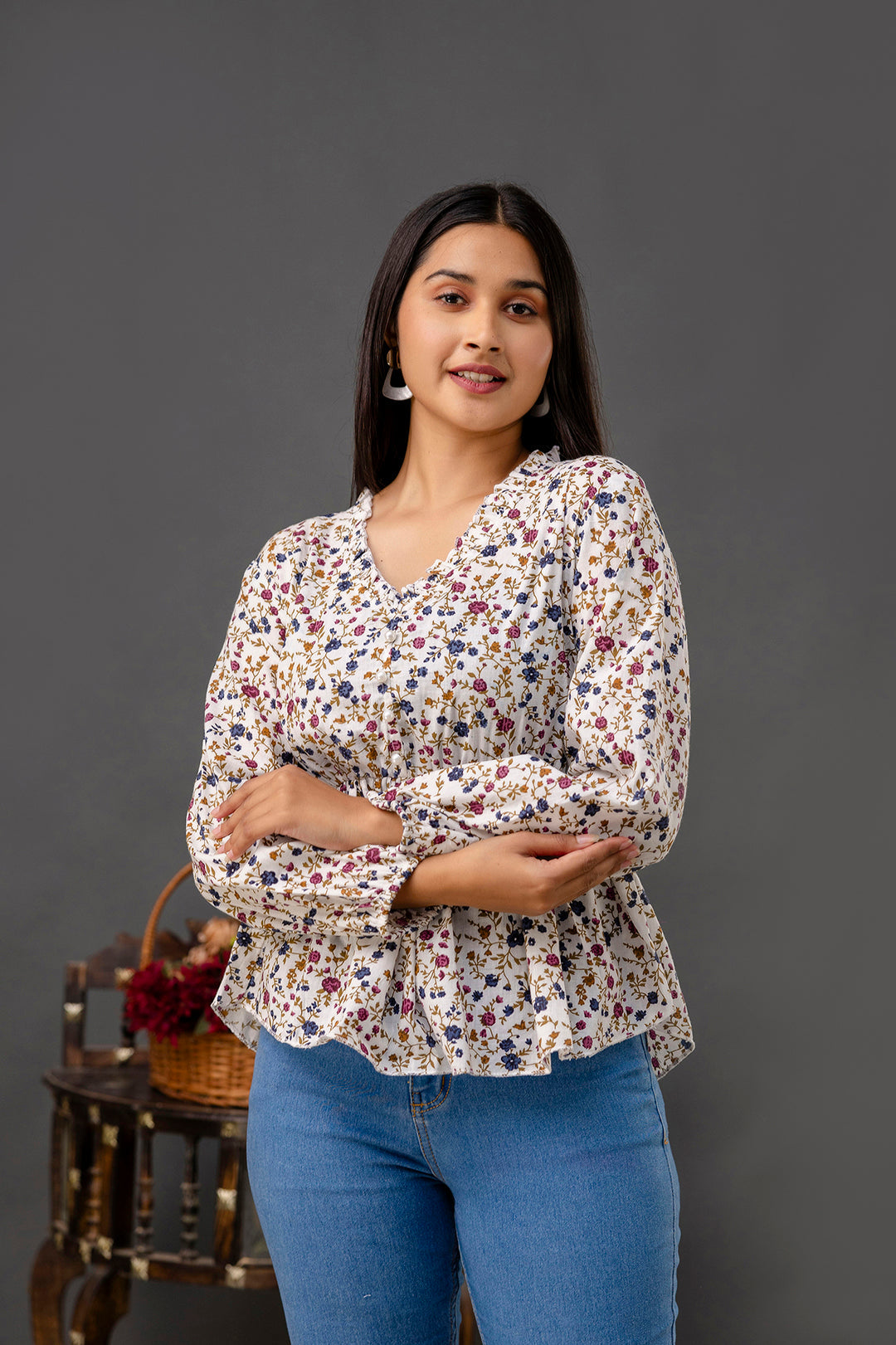 Women Off White Printed V-Neck Peplum Tunic | LASVINI - Redefining Indian Fashion with Elegance