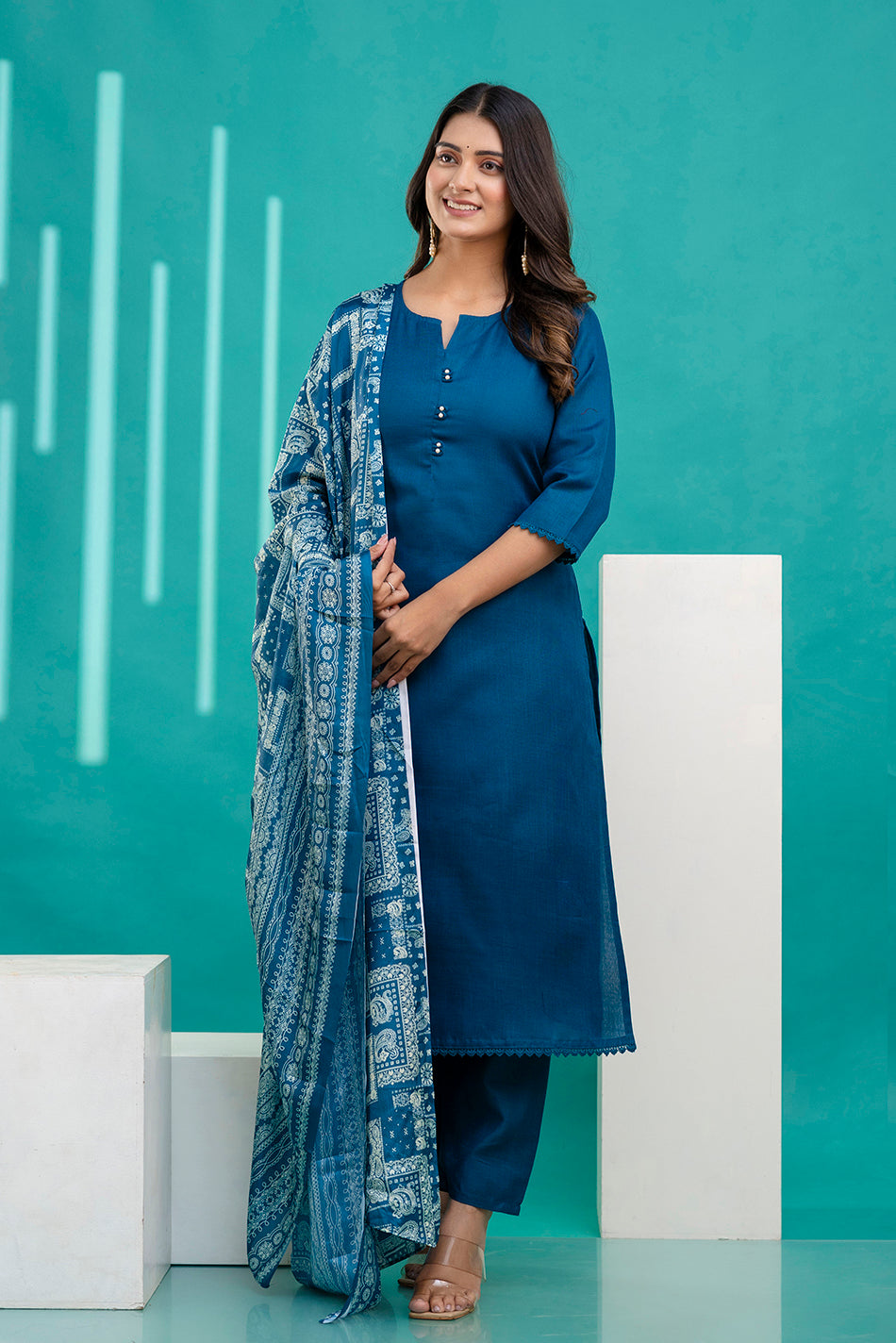 Teal Blue Straight Kurta Set With Printed Dupatta for Women | LASVINI - Redefining Indian Fashion with Elegance
