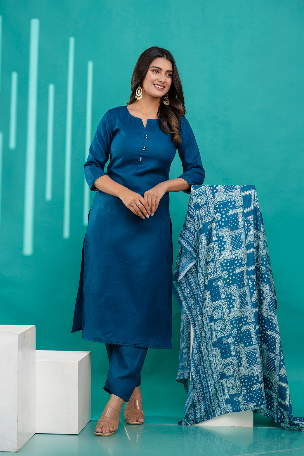 Teal Blue Straight Kurta Set With Printed Dupatta for Women | LASVINI - Redefining Indian Fashion with Elegance