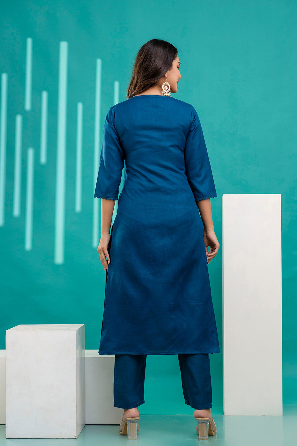 Teal Blue Straight Kurta Set With Printed Dupatta for Women | LASVINI - Redefining Indian Fashion with Elegance