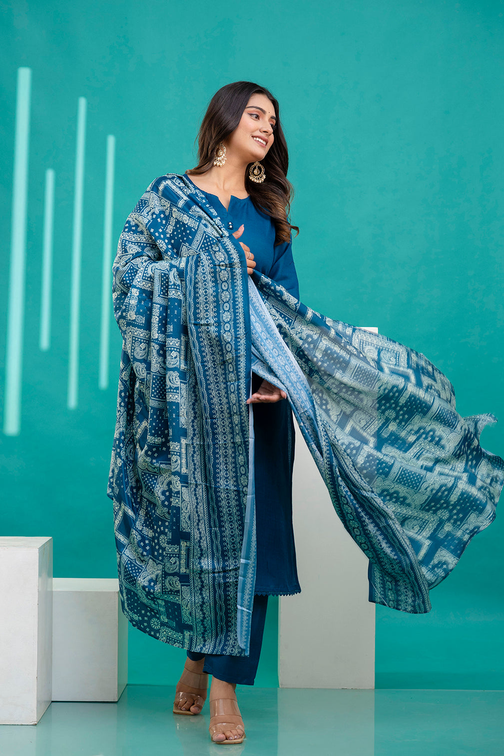 Teal Blue Straight Kurta Set With Printed Dupatta for Women | LASVINI - Redefining Indian Fashion with Elegance