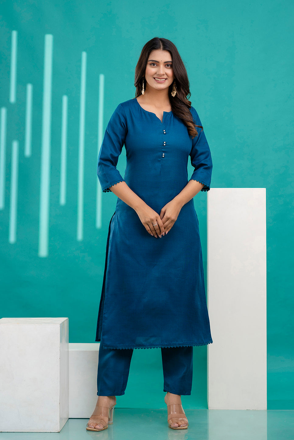Teal Blue Straight Kurta Set With Printed Dupatta for Women | LASVINI - Redefining Indian Fashion with Elegance