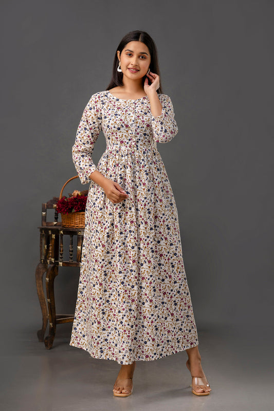 Women Off White Printed Flared Dress | LASVINI - Redefining Indian Fashion with Elegance