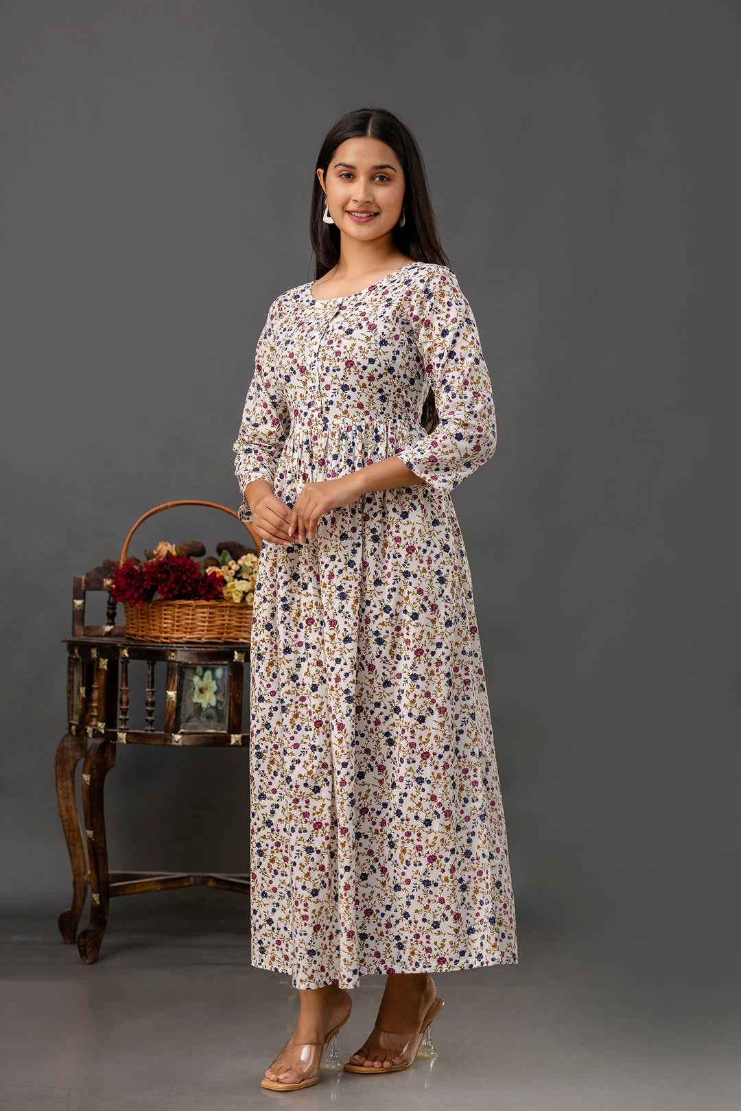 Women Off White Printed Flared Dress | LASVINI - Redefining Indian Fashion with Elegance