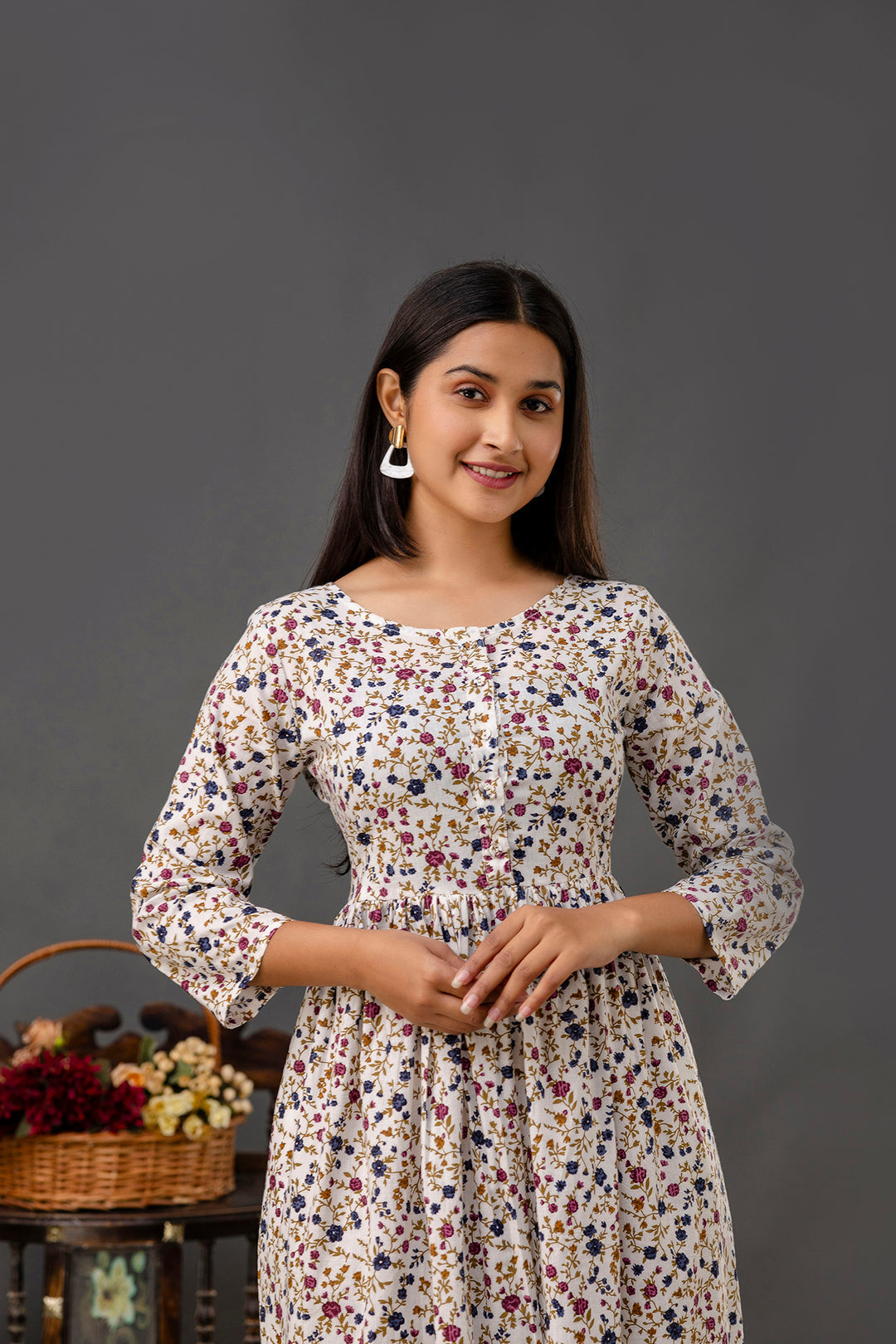 Women Off White Printed Flared Dress | LASVINI - Redefining Indian Fashion with Elegance