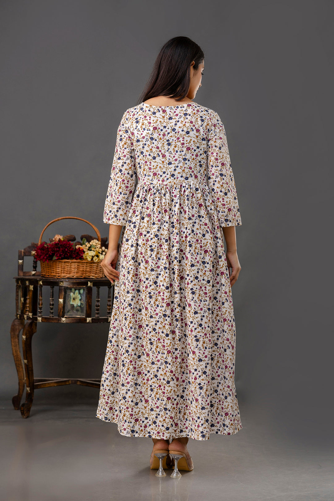 Women Off White Printed Flared Dress | LASVINI - Redefining Indian Fashion with Elegance
