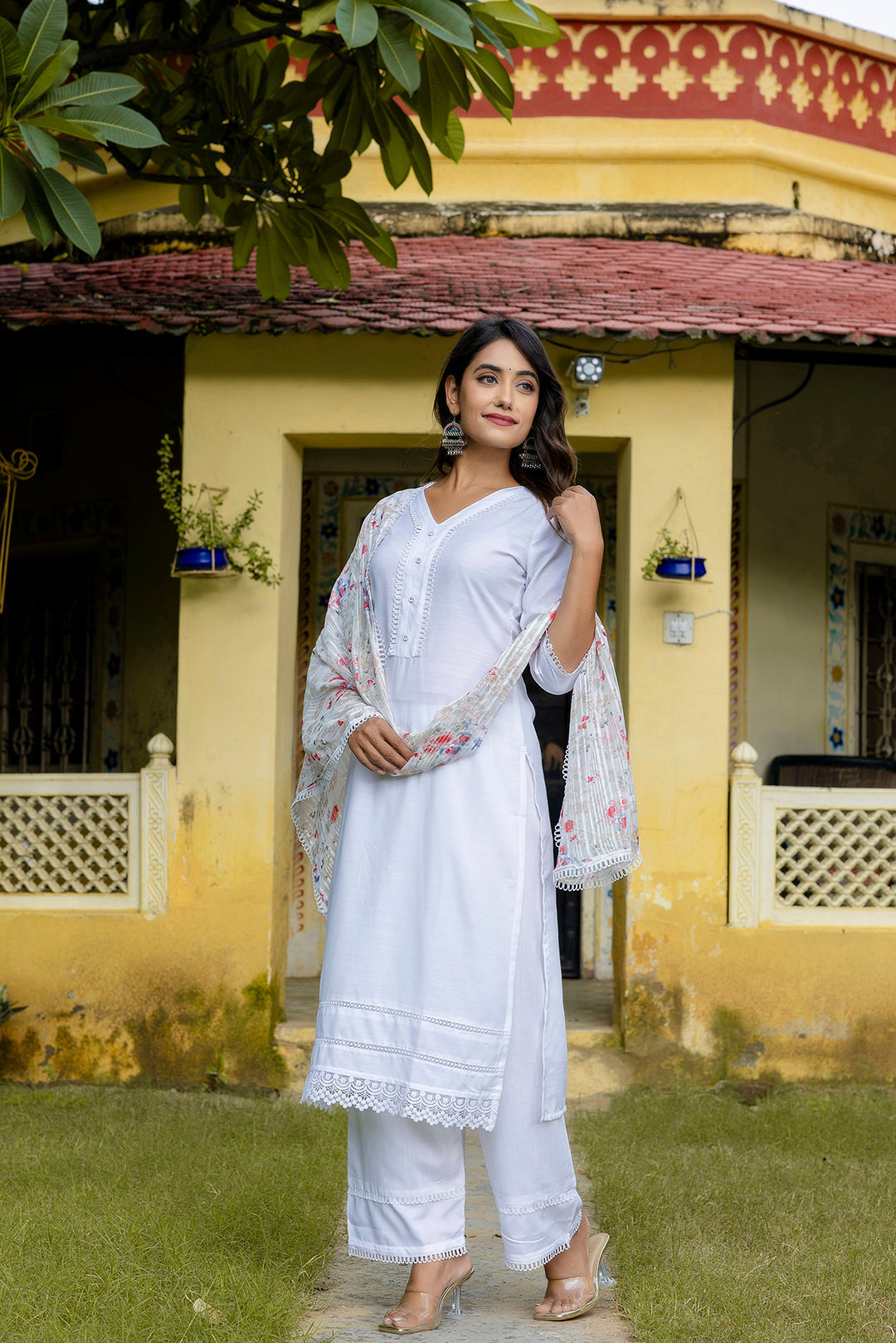 Pure White Straight Kurta Set With Printed Dupatta | LASVINI - Redefining Indian Fashion with Elegance
