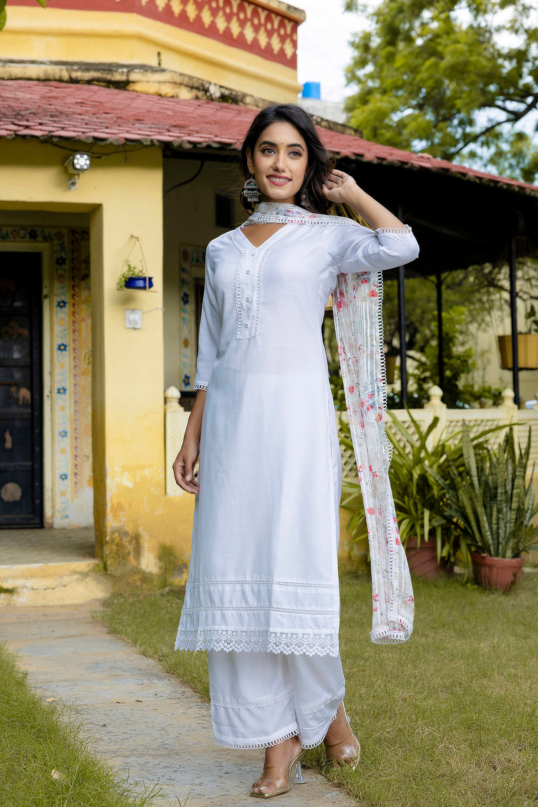 Pure White Straight Kurta Set With Printed Dupatta | LASVINI - Redefining Indian Fashion with Elegance