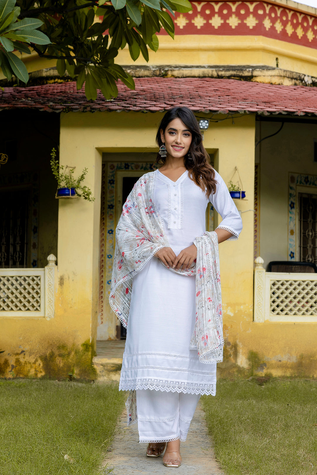Pure White Straight Kurta Set With Printed Dupatta | LASVINI - Redefining Indian Fashion with Elegance