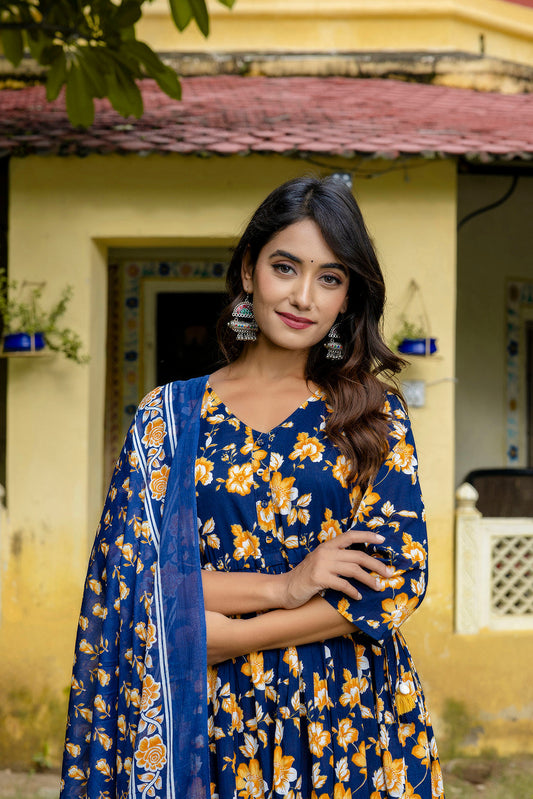 Navy Blue Printed Anarkali Kurta Set With Dupatta For Women | LASVINI - Redefining Indian Fashion with Elegance
