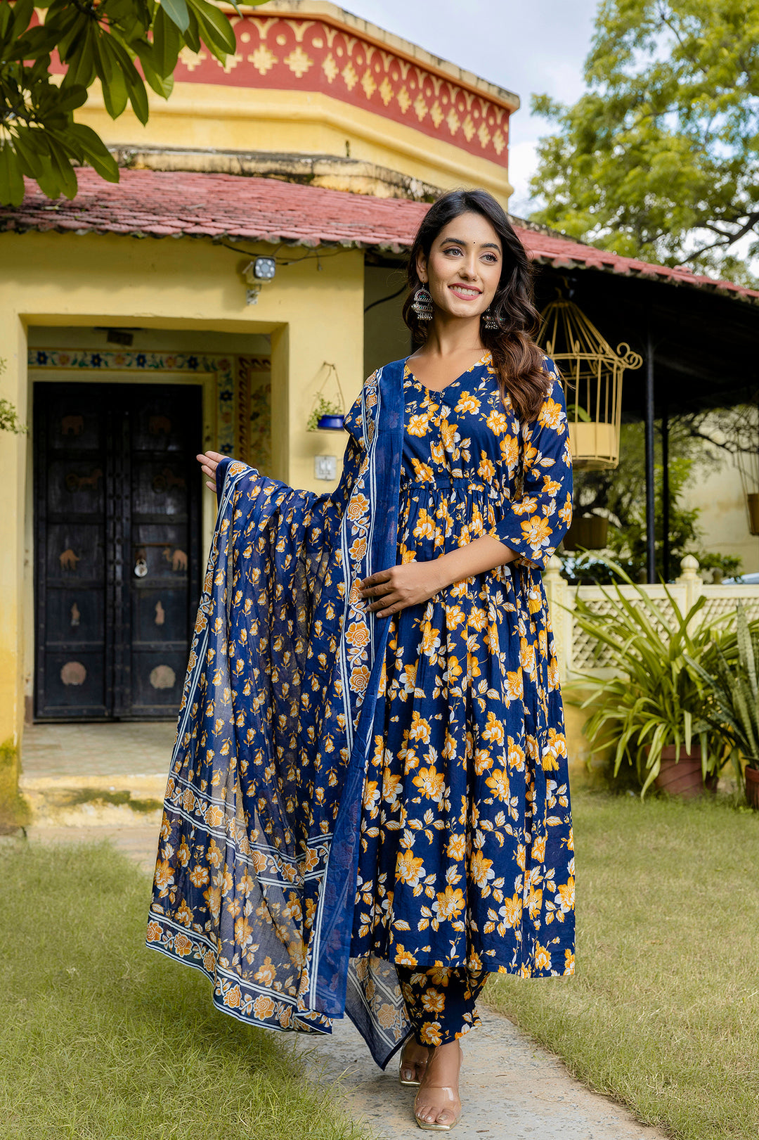 Navy Blue Printed Anarkali Kurta Set With Dupatta For Women | LASVINI - Redefining Indian Fashion with Elegance