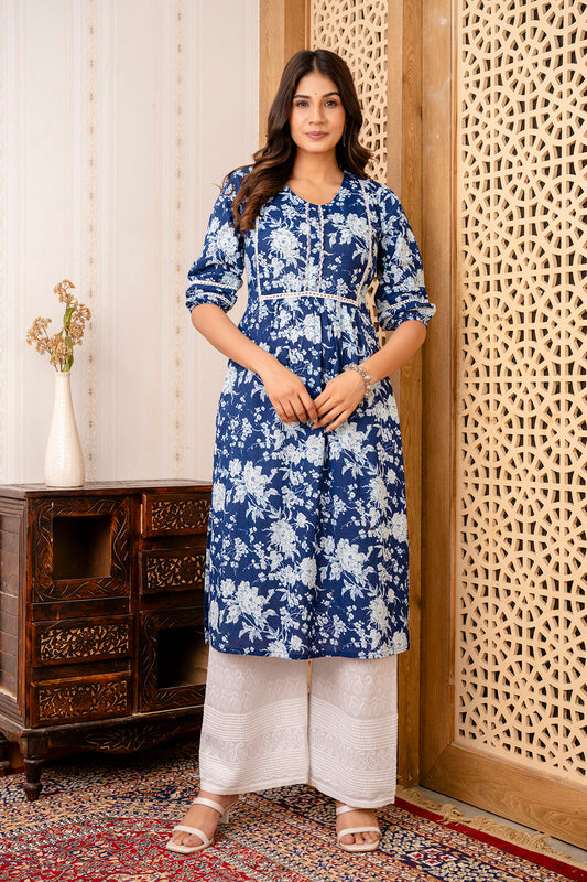 Navy Blue Printed Straight Kurta With Three Quarter Sleeves | LASVINI - Redefining Indian Fashion with Elegance