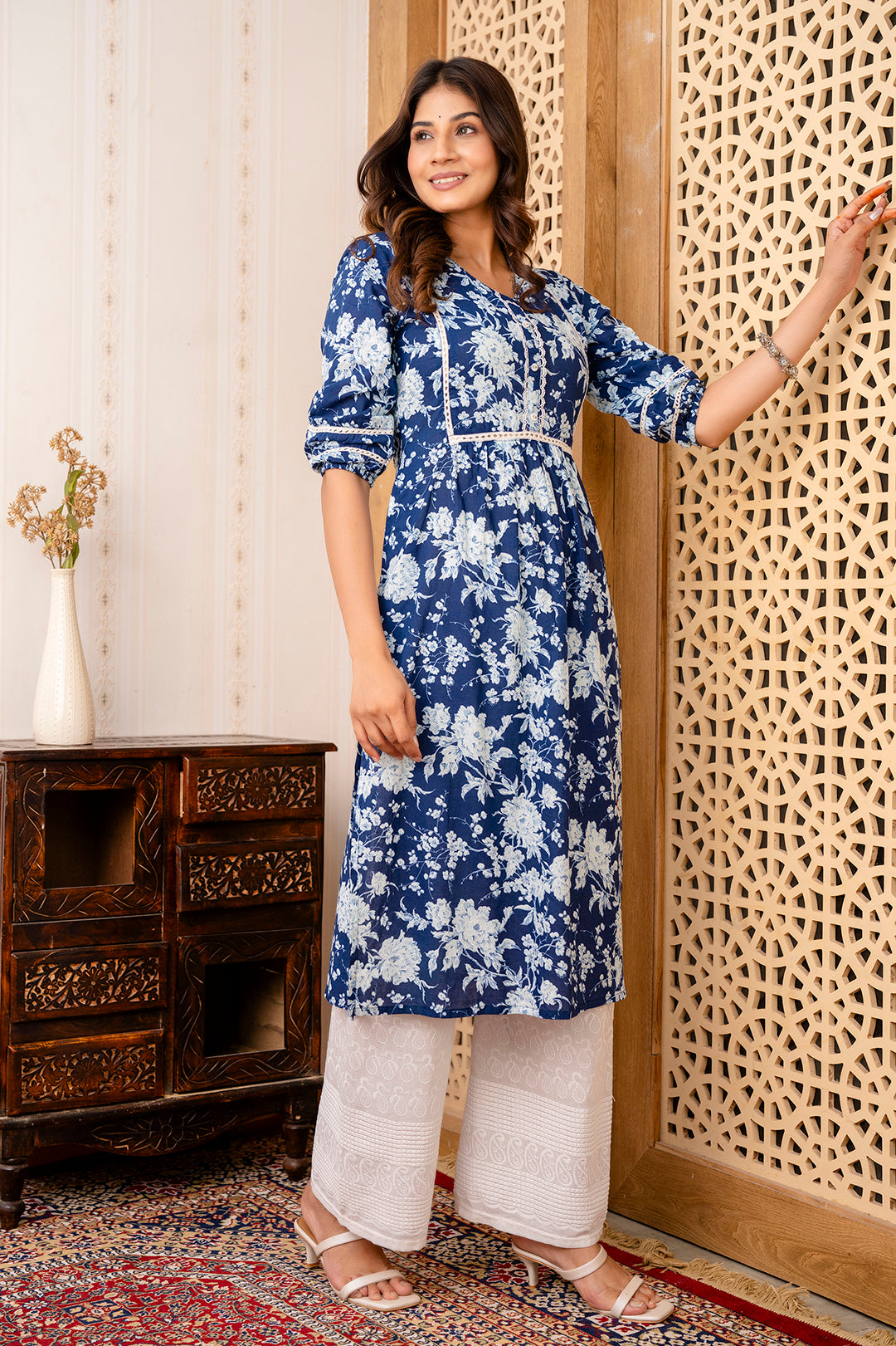 Navy Blue Printed Straight Kurta With Three Quarter Sleeves | LASVINI - Redefining Indian Fashion with Elegance