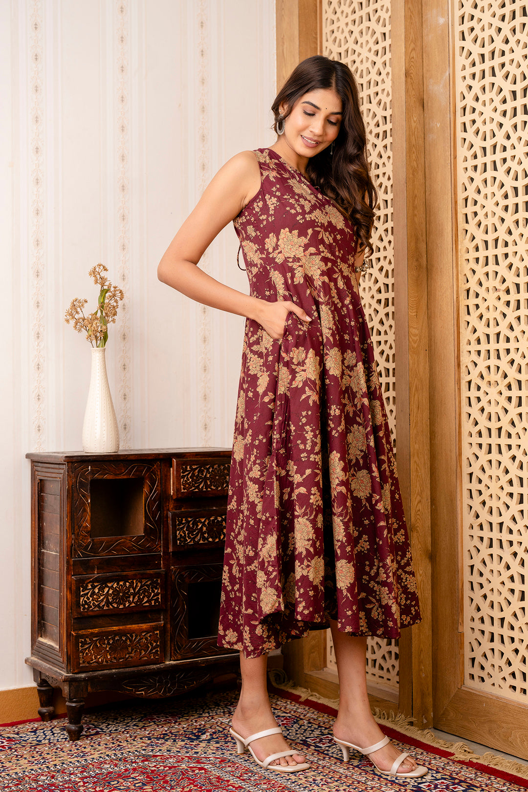 Burgundy Ethnic Printed Flared Sleeveless Dress | LASVINI - Redefining Indian Fashion with Elegance