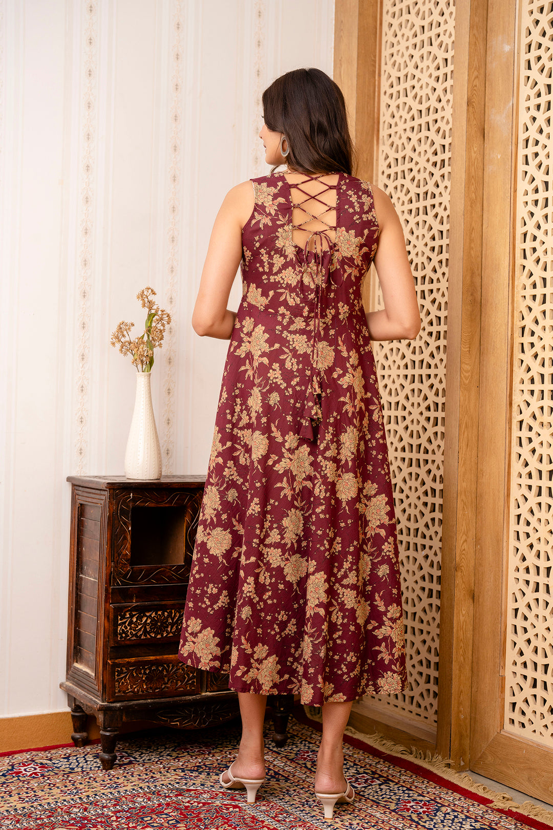 Burgundy Ethnic Printed Flared Sleeveless Dress | LASVINI - Redefining Indian Fashion with Elegance